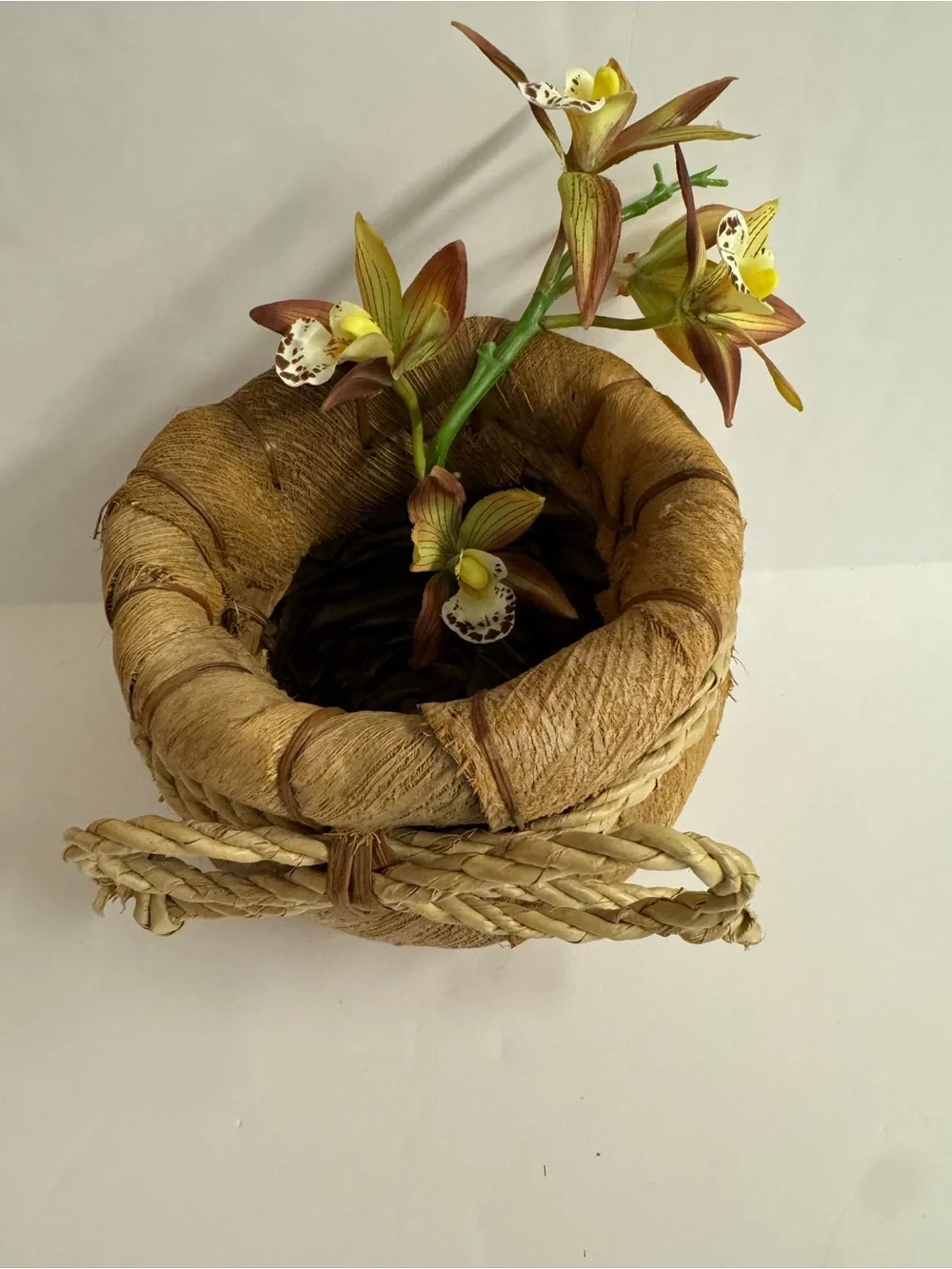 Vintage Rustic Primitive Handcrafted Natural Fiber Plant Basket - Tan